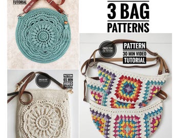 Crochet Bag Patterns, 3 in 1 Crochet purse Patterns, Crochet Round Bag, Granny Square Crossbody Bum Bag, Crochet Flower Bag, Tutorial Videos