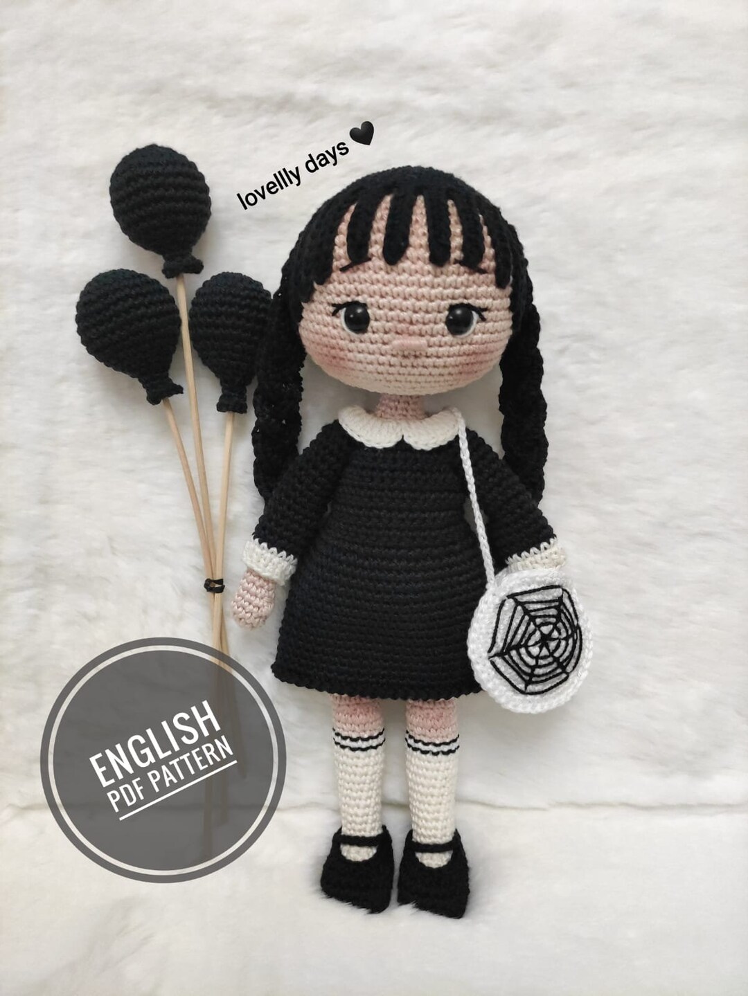 WEDNESDAY DOLL, Wednesday Addams English Pattern PDF, Crochet Wednesday