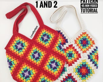 Granny Square Crochet Bag Pattern, Crochet Granny Tote Bag Pattern, Crochet 13 Motifs Purse Pattern, Photo Video Tutorial, DIY Crochet Bag