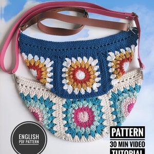 Könnte beinhalten: Zwei gehäkelte Taschen mit bunten Granny-Square-Mustern. Die obere Tasche ist blau mit gelben, roten und weißen Akzenten. Die untere Tasche ist cremefarben mit rosa, blauen und grünen Akzenten. Beide Taschen haben Lederriemen. Der Text "ENGLISH PDF PATTERN" und "PATTERN 30 MIN VIDEO TUTORIAL" ist sichtbar.