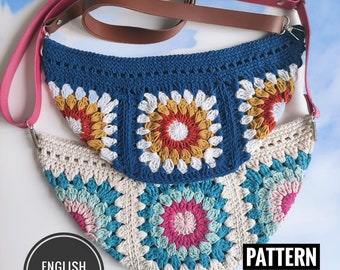 Crochet Bag Pattern, Granny Square Crossbody Bum Bag, Fanny Pack, Crochet Sunburst Flower Bag Pattern, Sling Bag, Pattern Tutorial Video