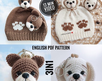 KNITTING PATTERN: Easy Knit Hat pattern, Knitted Hat and dog keychain set pattern,Cutie Baby Knit Hat Pattern, Beanie Pattern, 3in1 Pattern