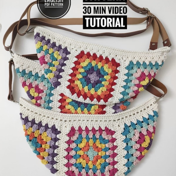 Modèle au crochet de sac banane carré grand-mère, sac banane au crochet, sac banane au crochet, sac de festival au crochet, sac banane, tutoriel vidéo sur les modèles