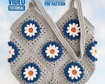 Granny Square Daisy Flower Bag Pattern, Summer Crochet Tote Bag, Daisy Purse Crochet Pattern, Popcorn 3D Sunflower Crossbody Bag, PDF File