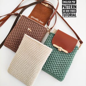 Gehäkelte Tasche Muster, zweifarbige Häkelanleitung Crossbody Handytasche Muster, Messenger Bag Muster mit 3 Fächern, Video-Tutorial für Anfänger