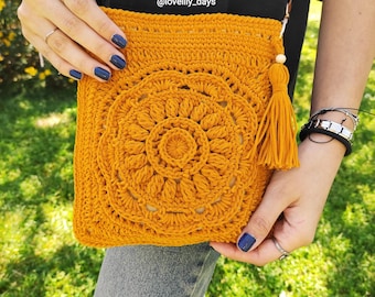 Crochet Crossbody Bag Pattern, Granny Square Crochet Pattern, Crochet Sunflower Purse Pattern, Crochet Shoulder Bag, Pattern Tutorial Video