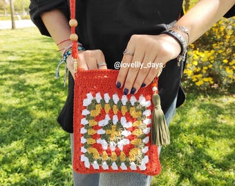Crochet Bag Pattern, Granny Square Crossbody Phone Bag Pattern, Crochet Granny Small Bag Pattern, Photo and Video Tutorial, DIY Crochet Bag