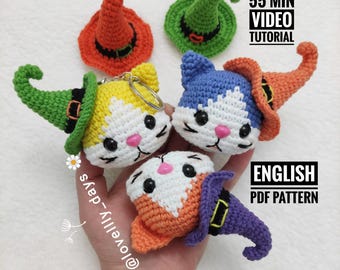 Crochet Witch Cat Keychain PATTERN: Amigurumi Halloween Kitty (PDF Pattern)