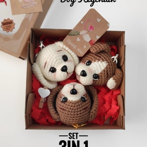 Set 3in 1 Crochet Dog Keychain, Crochet Dog Xmas Tree Decor, Bag Charm, Cute Car Accessories Dog, New Year Gift, Handmade Crochet Dog