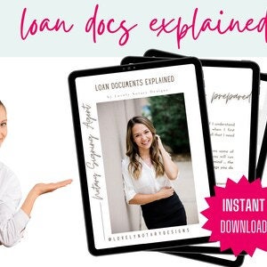 Pode incluir: Um download digital de um guia intitulado "Loan Documents Explained" com uma foto de uma mulher de saia preta e camisa branca. O guia é para compradores de primeira casa e explica os documentos envolvidos no processo de hipoteca.