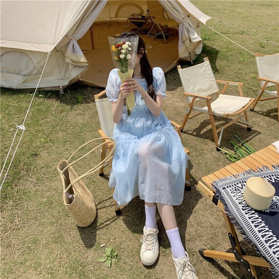 Baby Blue Fairy Mesh Soft Puff Sleeve Suspender Dress Korean Etsy