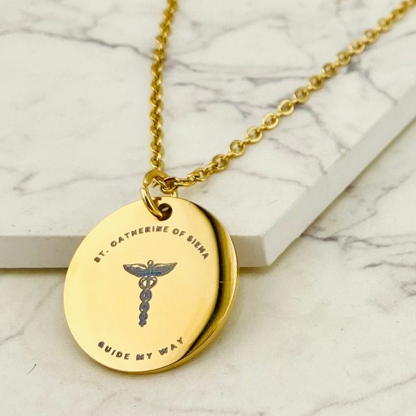 St. Catherine Siena Medal, Patron Saint of Nurses & People Ridiculed for Faith, Medical Symbol Caduceus, Teen Confirmation/Adult RCIA Gift