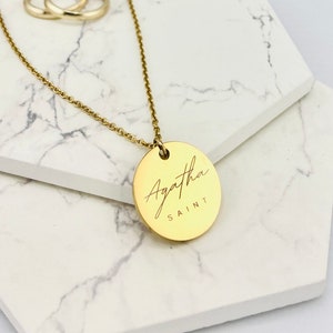 St. Agatha, patroonheilige borstkanker, gepersonaliseerde ruggravure, sierlijke heilige medaille ketting, katholieke RCIA, bevestiging, peetdochter