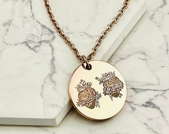 Sacred and Sorrowful Hearts of Jesus and Mary, Catholic Pendant Necklace, Personalized, Bereavement / Memorial / Grief Gift