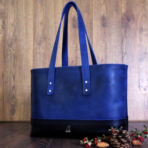 Handmade Blue Leather Tote Bag, Modern Shoulder Crossbody  Purse,  Birthday Gift For Her / Girlfriend, Personalized Luxury Handbag
