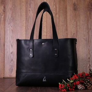 Personalized Black Leather Tote Bag, Black Shoulder Crossbody Tote, Genuine Leather Luxury Bag, Birthday Gifts For Mom, Large Carryall Bag
