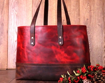 Personalized Red Leather Tote Bag, Genuine Crazy Horse Leather Luxury Bag, Red Brown Shoulder Crossbody Purse,  Birthday Gifts For Her / Mom
