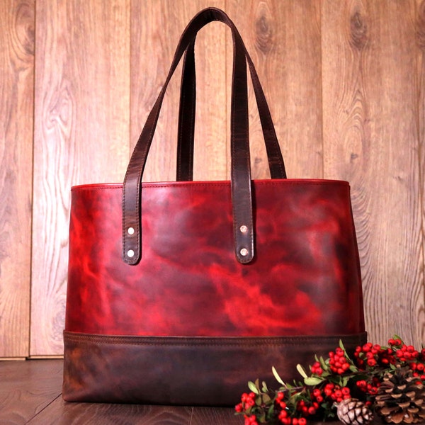 Personalized Red Leather Tote Bag, Genuine Crazy Horse Leather Luxury Bag, Red Brown Shoulder Crossbody Purse,  Birthday Gifts For Her / Mom