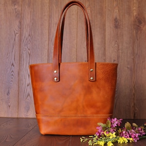 Elite Minimalist Leather Tote Bag, Personalized Top Quality Leather Purse Crossbody Bag, Orange Tan Overnight Carry-all Inside Pocket Zipper