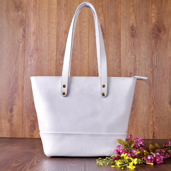 White Leather Tote Bag, Leather Handbag, Wedding Gift, Full Grain Handmade Purse, Bridesmaid Custom Bag, Summer Travel Bag, Inside Organizer