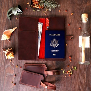 Leather Passport Holder & Luggage Tags Set, Bridesmaid Gift Personalized Phone Wallet Travel Set and Pouch, Customized  Long Passport Cover