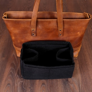 Large Minimalist Leather Tote Bag, Personalized Leather Purse Crossbody Teacher Bag, Tan Carry-all Inside Pocket Organizer Zipper Laptop Bag