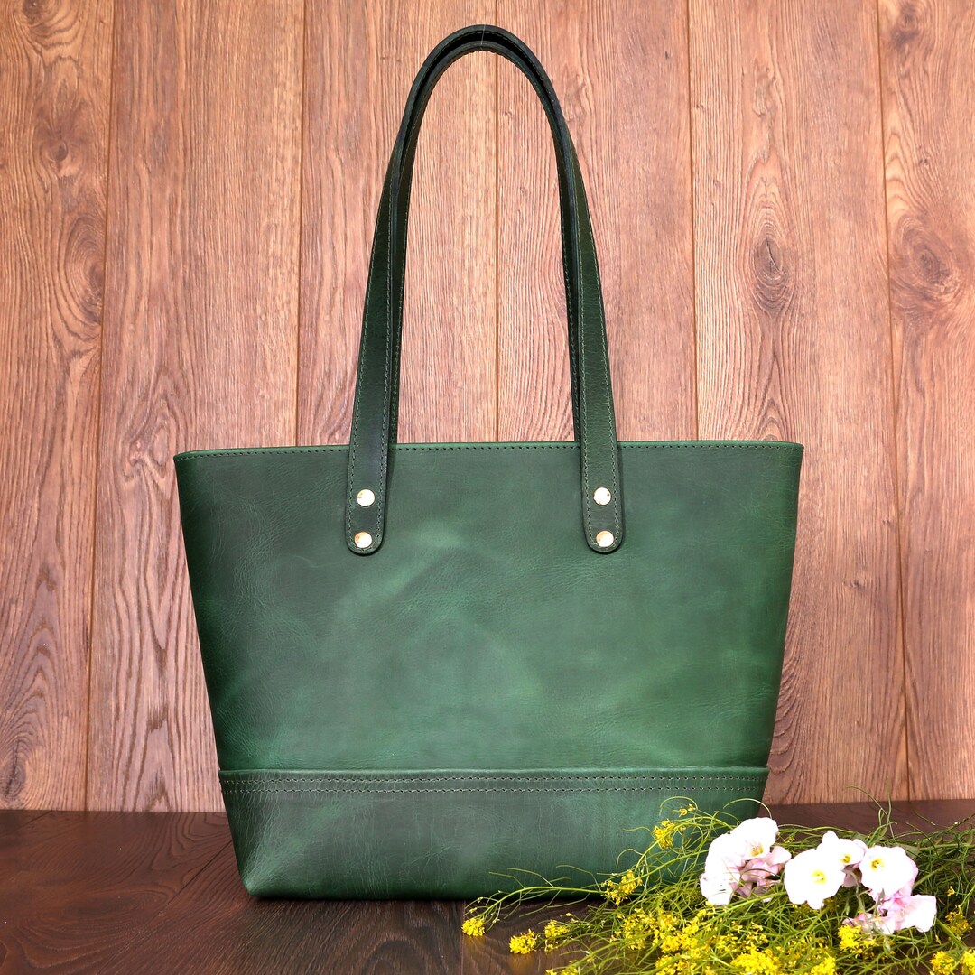 Green Leather Tote Bag, Customized Full Grain Leather Crossbody Bag