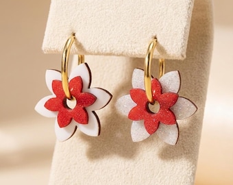 Red and White Iridescent Flower Hoop Earrings, Wood and Glitter Resin Jewelry, Valentine's Day Gift for Women, Chic Floral Style
