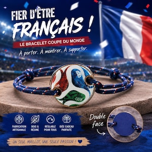 VM-armband 2026 – Fotboll i trä och harts – Present till Frankrikes supporter – Handgjorda smycken till fotbollsfans