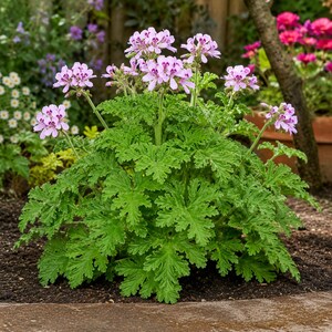 May include: A potted Pelargonium graveolens plant featuring clusters of small, light pink flowers with dark purple-maroon markings on the petals. The plant has dense, deeply lobed, serrated green leaves that grow in a rounded, bushy formation.