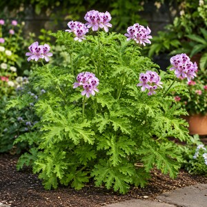 May include: A potted Pelargonium graveolens plant featuring clusters of light pink flowers with dark purple-maroon markings on the upper petals. The plant has deeply lobed, serrated, bright green leaves and thin, upright green stems.