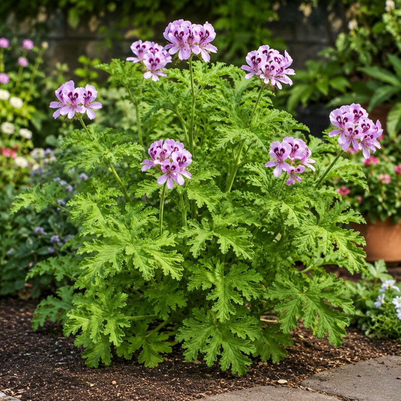 May include: A potted Pelargonium graveolens plant featuring clusters of light pink flowers with dark purple-maroon markings on the upper petals. The plant has deeply lobed, serrated, bright green leaves and thin, upright green stems.