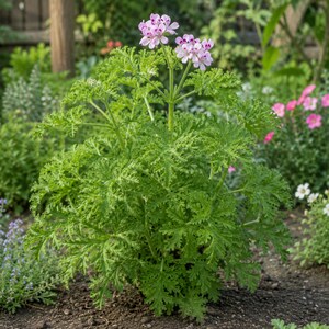 May include: A potted geranium plant featuring deeply lobed, bright green, serrated leaves and a cluster of delicate, light pink flowers with darker purple-pink markings on the upper petals, growing upright from a central stem in the garden.