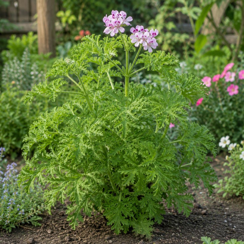 May include: A potted geranium plant featuring deeply lobed, bright green, serrated leaves and a cluster of delicate, light pink flowers with darker purple-pink markings on the upper petals, growing upright from a central stem in the garden.