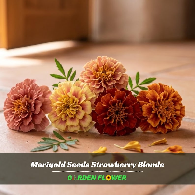 May include: A collection of marigold flowers in shades of peach, yellow, and deep red, with green leaves. The text "Marigold Seeds Strawberry Blonde" and "GARDEN FLOWER" is displayed below the flowers.