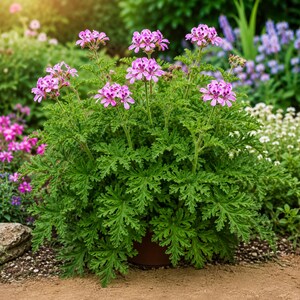 May include: A potted geranium plant featuring clusters of small, five-petaled pink flowers with darker purple-maroon markings on the petals. The plant has deeply lobed, serrated, bright green foliage and is contained in a simple brown pot.