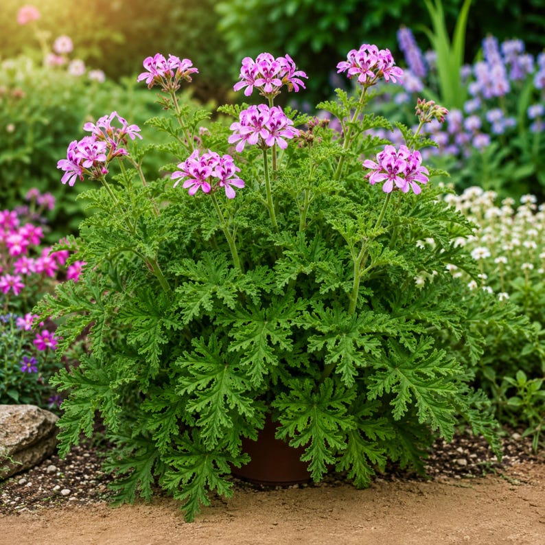 May include: A potted geranium plant featuring clusters of small, five-petaled pink flowers with darker purple-maroon markings on the petals. The plant has deeply lobed, serrated, bright green foliage and is contained in a simple brown pot.