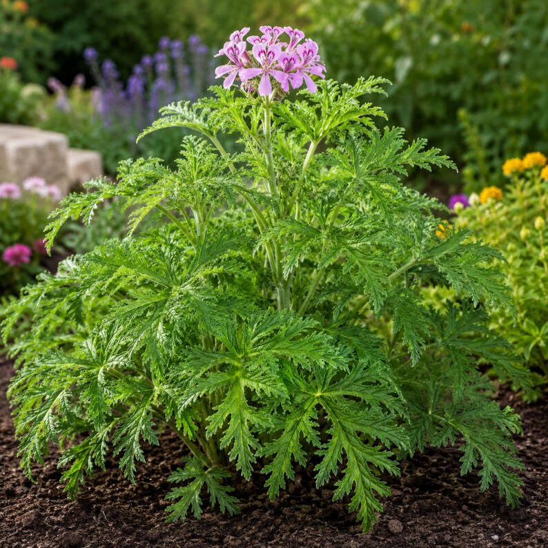 May include: A scented geranium plant featuring deeply lobed, serrated green leaves and a cluster of small, delicate light pink flowers with darker purple-pink markings on the petals, growing directly from the dark brown soil in a garden setting.