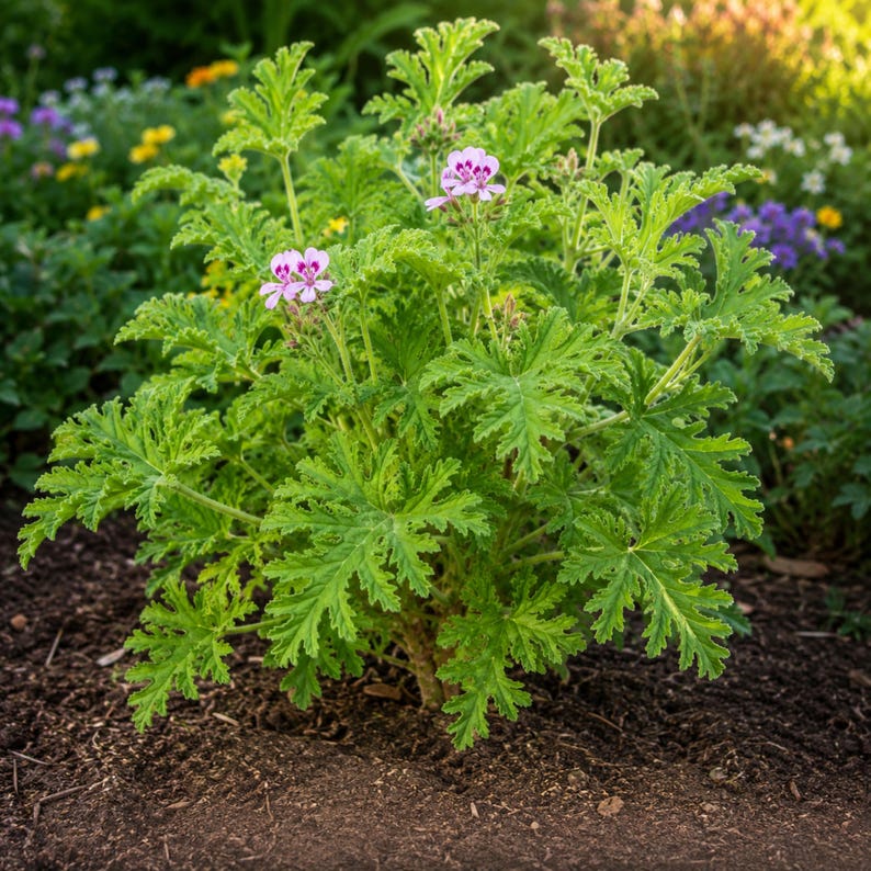 May include: A scented geranium plant featuring deeply lobed, serrated, bright green leaves and small, delicate flowers with five petals in shades of light pink and purple, growing directly from the dark brown soil in a garden setting.