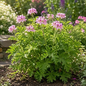 May include: A scented geranium plant featuring clusters of small, light pink flowers with dark purple-maroon markings on the petals. The plant has dense, deeply lobed, serrated green foliage growing in a rounded, bushy shape in garden soil.