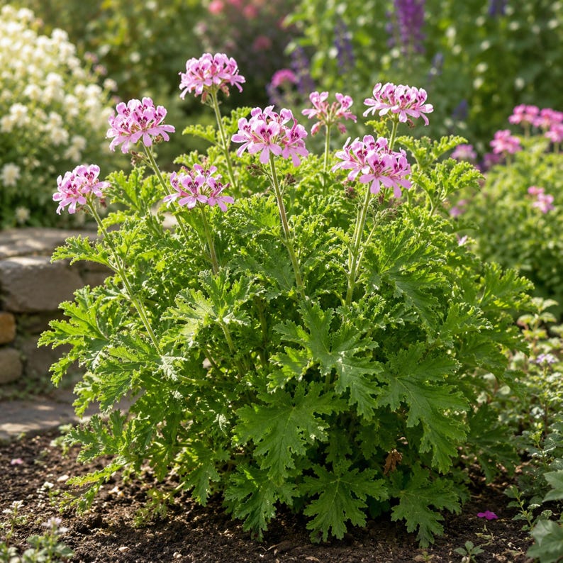 May include: A scented geranium plant featuring clusters of small, light pink flowers with dark purple-maroon markings on the petals. The plant has dense, deeply lobed, serrated green foliage growing in a rounded, bushy shape in garden soil.