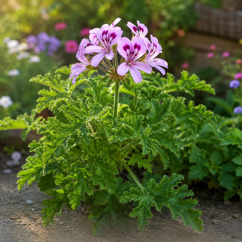 May include: A potted geranium plant featuring vibrant light purple flowers with dark purple, vein-like markings on the petals. The plant has deeply lobed, serrated, bright green leaves and a slender green stem, standing upright in the soil.