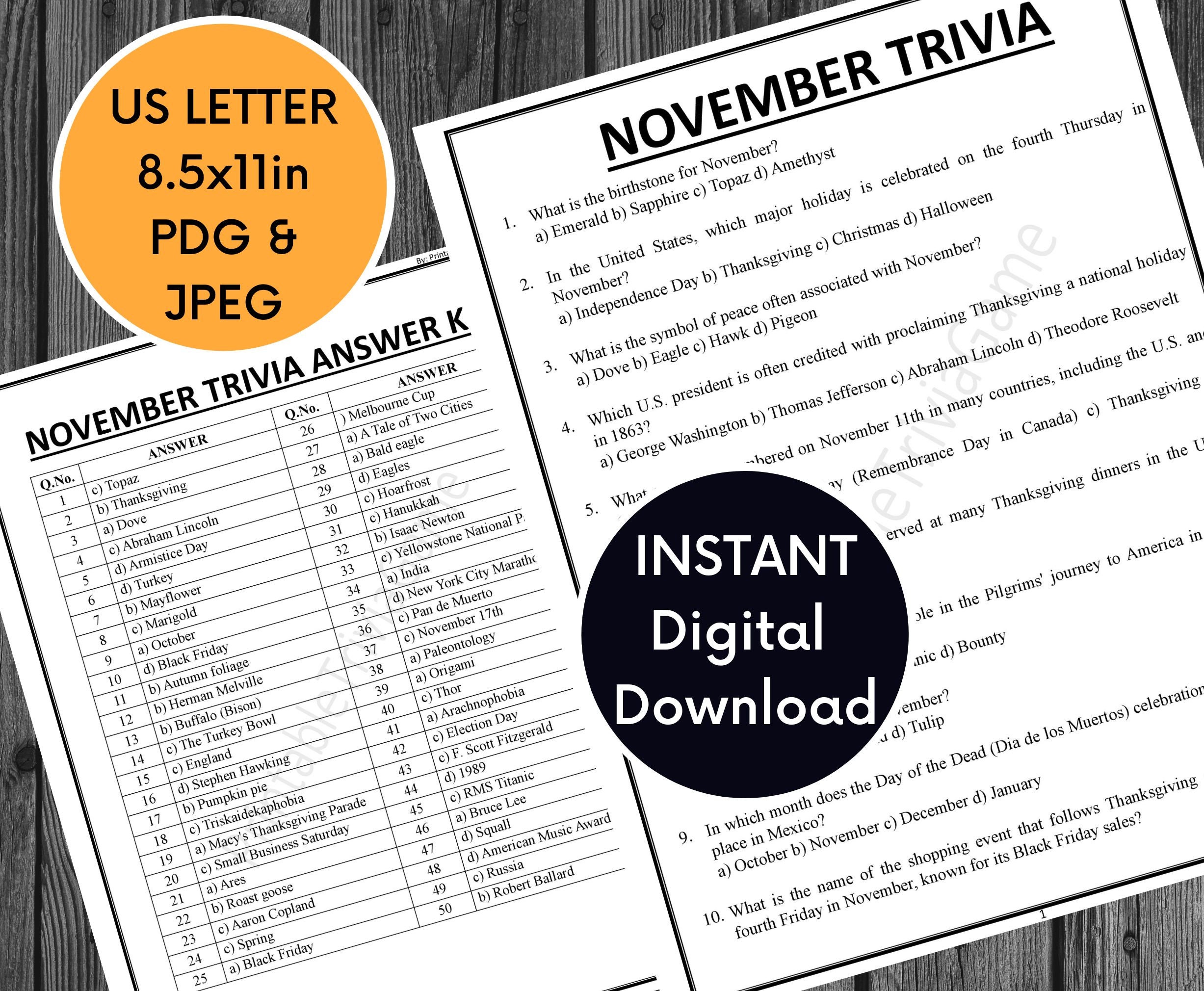 November Trivia Game Bundle With Answer Sheet for Party Fun Activities ...
