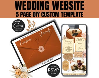 May include: A digital wedding website template displayed on a tablet and smartphone. The tablet shows an orange envelope design with the names "Emma & Jacob." The smartphone displays wedding details, photos, and RSVP options. Text includes "Wedding Website" and "5 Page DIY Custom Template."