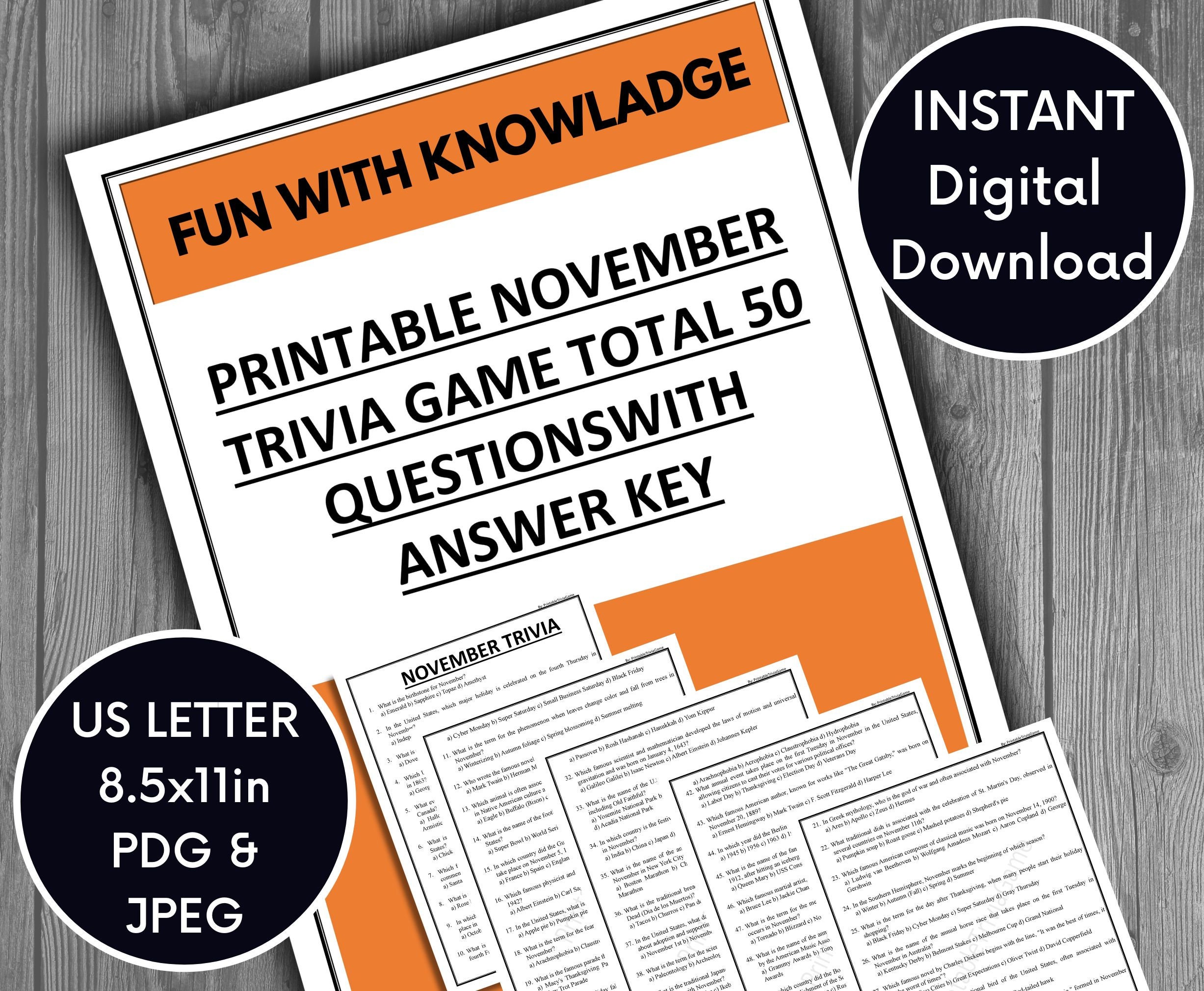 November Trivia Game Bundle With Answer Sheet for Party Fun Activities ...