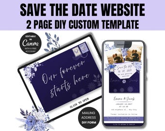 Indigo Blue Floral Save the Date Website Template | Canva Editable Digital Invitation | DIY Envelope invites