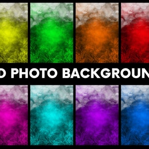 Könnte beinhalten: Acht verschiedene farbige Hintergründe mit einem wolkigen, rauchigen Effekt. Die Farben sind gelb, grün, orange, rot, rosa, blau, lila und hellblau.