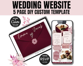 May include: A wedding website template with a burgundy envelope design, a smartphone displaying wedding details, and the text "WEDDING WEBSITE 5 PAGE DIY CUSTOM TEMPLATE". Includes RSVP and Canva options.
