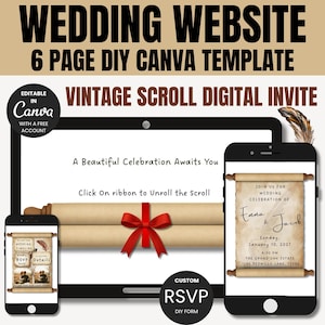 May include: A digital wedding invitation template displayed on a tablet and two smartphones. The design features a vintage scroll theme with a red ribbon, and the text "WEDDING WEBSITE" and "VINTAGE SCROLL DIGITAL INVITE".