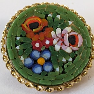 Vintage Italian Micro Mosaic Millefiori Round Brooch Multicolour Glass and Gold Tone Metal, Vintage Costume Jewellery